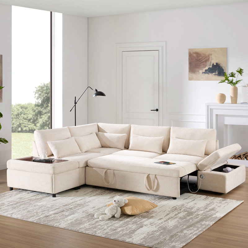 Canapé-lit modulaire de 107 po avec canapé-lit en forme de L, accoudoirs réglables en L, charge USB et Type-C, repose-pieds avec rangement à mouvement libre, combinaison libre pour le salon et l’appartement