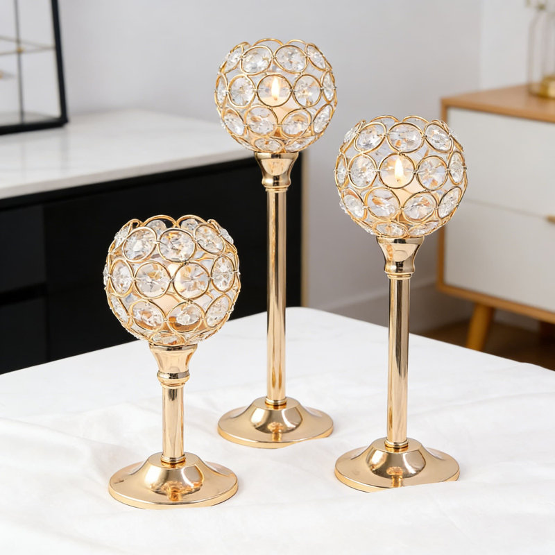 Elegant Crystal Tealight Candle Holders Set Of 3, Hollow Ball Design With K9 Crystal Strands, Tall Votive Candelabra Centerpiece For Dining Table And Wedding Decor