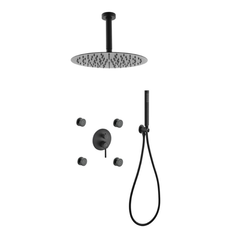 Système de douche à pression équilibrée avec valve brute Aqua Rondo, Noir mat