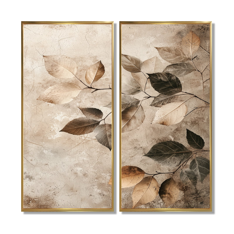 «Taupe Leaves Mosaic Collage», ensemble d'art mural encadré à feuilles, H 32 po x l 32 po, Reproduction avec cadre flottant
