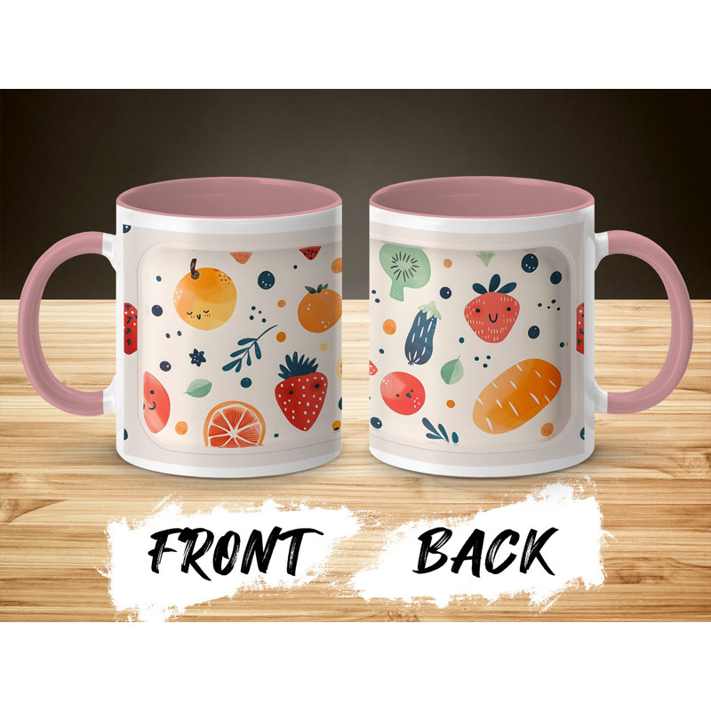 Kids Drawing Style 11oz Accent Mugs – Ceramic Coffee Cup with a Pink Handle and Interior