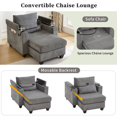 Méridienne convertible 37,4 po Canapé-lit Canapé-lit en velours côtelé avec ports USB, deux porte-gobelets, un porte-téléphone et un grand espace de rangement pour le salon et la chambre à coucher