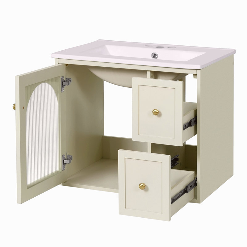 Ensemble de meuble-lavabo mural 24 po pour petit espace, armoire de salle de bain avec lavabo en céramique, 2 tiroirs et 1 porte à fermeture en douceur