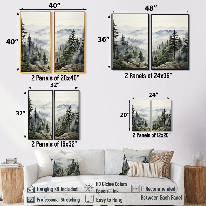 Pin, Misty Mountain I - art mural pin surdimensionné, H 36 po x l 48 po, Reproduction encadrée sans passe-partout, Blanc