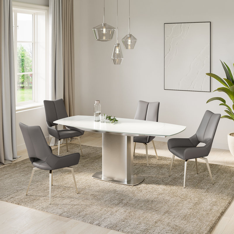 Conanso Oval Glass Top Metal Base Dining Table, Brushed Steel/White