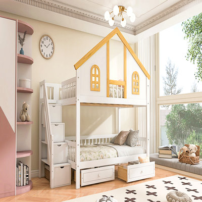 Full Size Wooden House Roof Bunk Bed With Window Door And Roof,Storage Drawers And Staircase,White+Natural