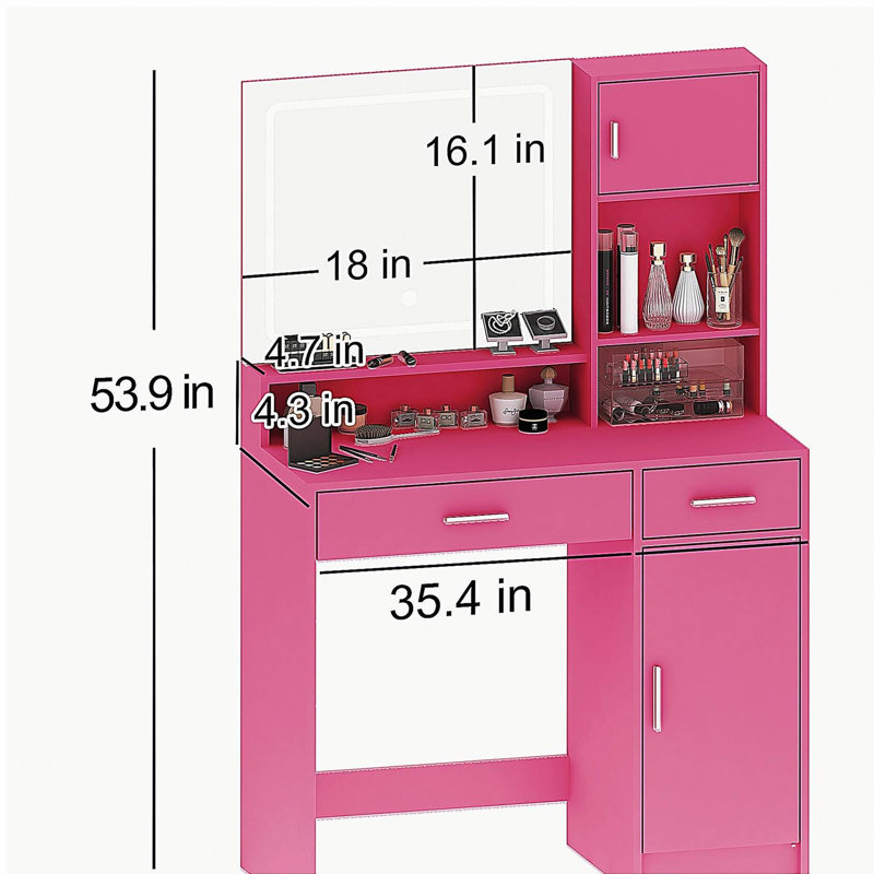 Vanity Desk with Mirror and LED Light Strip,Dressing Table with Large Drawer, 3 Level Storage Dresser & 3 Lighting Modes Adjustable Brightness, Suitable for Bedroom(Rose Pink)