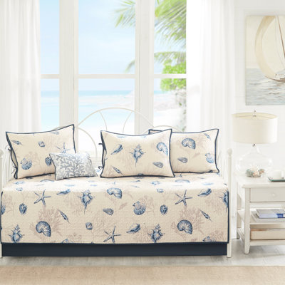 Housse de lit de jour réversible, imprimé en microfibre bleue, 6 pour lit simple, housse de 17 po, 15 po, 3 taies décoratives, 1 coussin décoratif, décor de salon à thème côtier, motif lavable à la machine, matelas simple, Flair Home