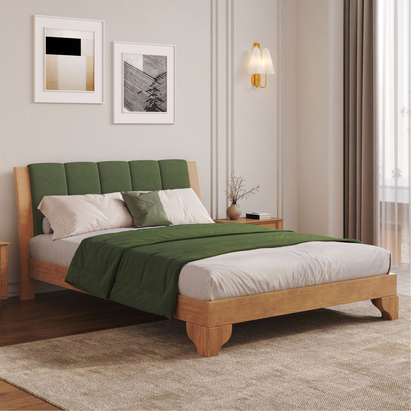 Cadre de lit en bois de pin de qualité supérieure, cadre de lit avec tête de lit inclus, lit Mid-Century moderne, Naturel