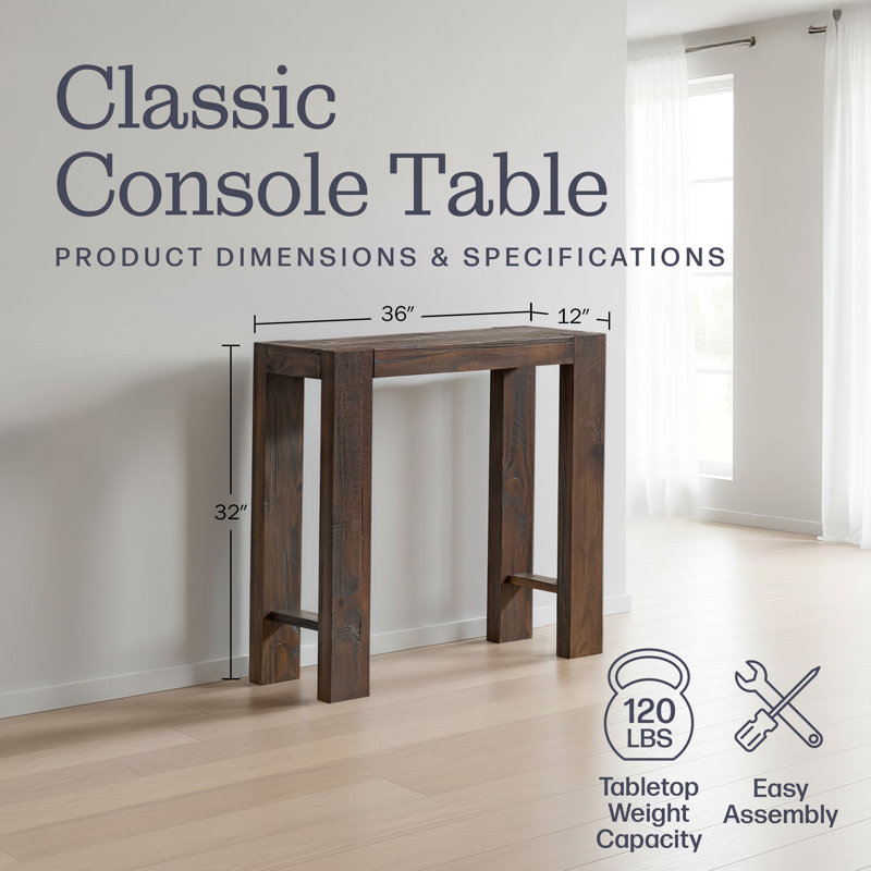 Solid Wood 36" Small Console Table, Brown, 8.07" H x 39.57" W x 15.55" D, Brown