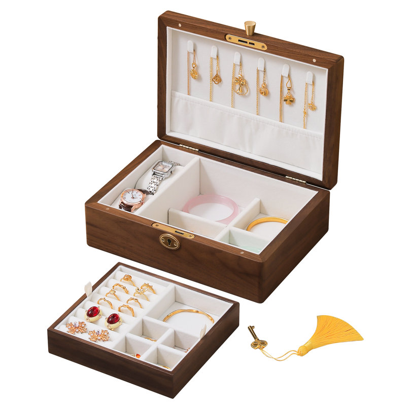  Boîte à bijoux en bois de noyer noir avec serrure et clé, organisateur à 2 couches pour boucles d'oreilles, bagues, colliers, bracelets, montres.