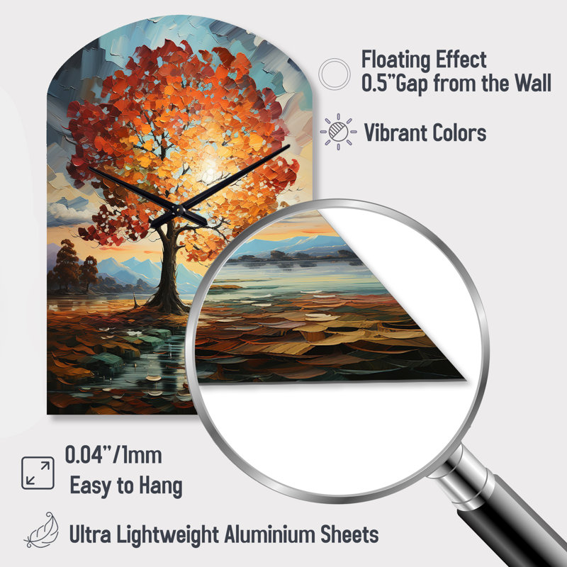 Orange Teal Maple Tree Majestic Maple - Arch Shape Unique Tree Maple Wall Clock, Medium