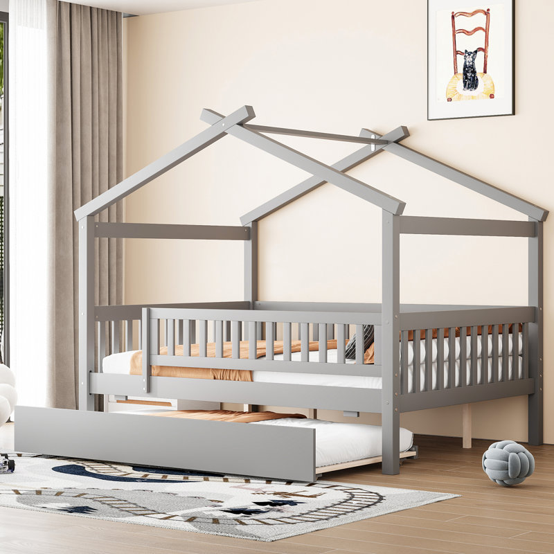 Lit double en bois avec lit gigogne simple, gris, Lit double, Gris