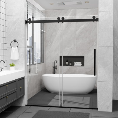 56-60 in. W x 74 in. H Semi-Frameless Double Sliding Shower Door, 1/4" Clear Tempered Glass, Matte Black