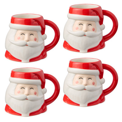 Christmas Whimsy Santa 3D Sculpted Ceramic Mugs Set of 4 – Festive 17 oz Holiday Drinkware Featuring Santa Faces – Cocoa, Coffee or Tea – Perfect for Entertaining or Gifting