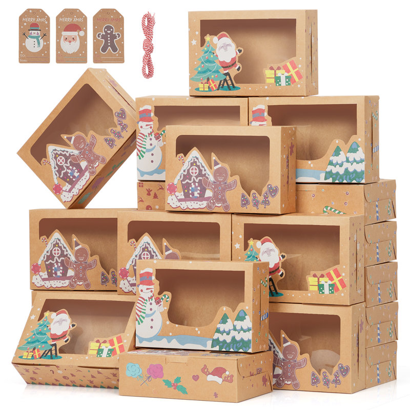 Paquet de 24 boîtes à biscuits de Noël pour cadeaux, boîte de boulangerie de Noël avec fenêtre, grande boîte de cuisson Kraft avec couvercle pour pâtisseries