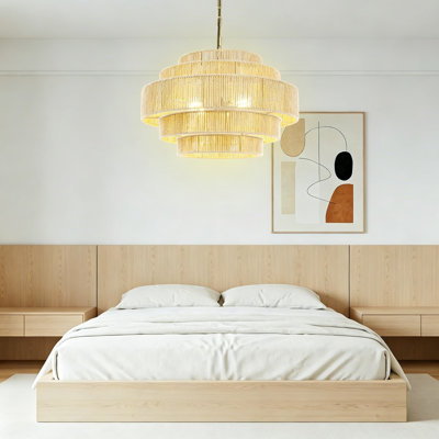 Grand luminaire lustre bohème à 5 niveaux en rotin, luminaire suspendu tissé à la main de 20 pouces pour îlot de cuisine, luminaire suspendu de style campagnard pour salle à manger, couloir, vestibule, doré et beige