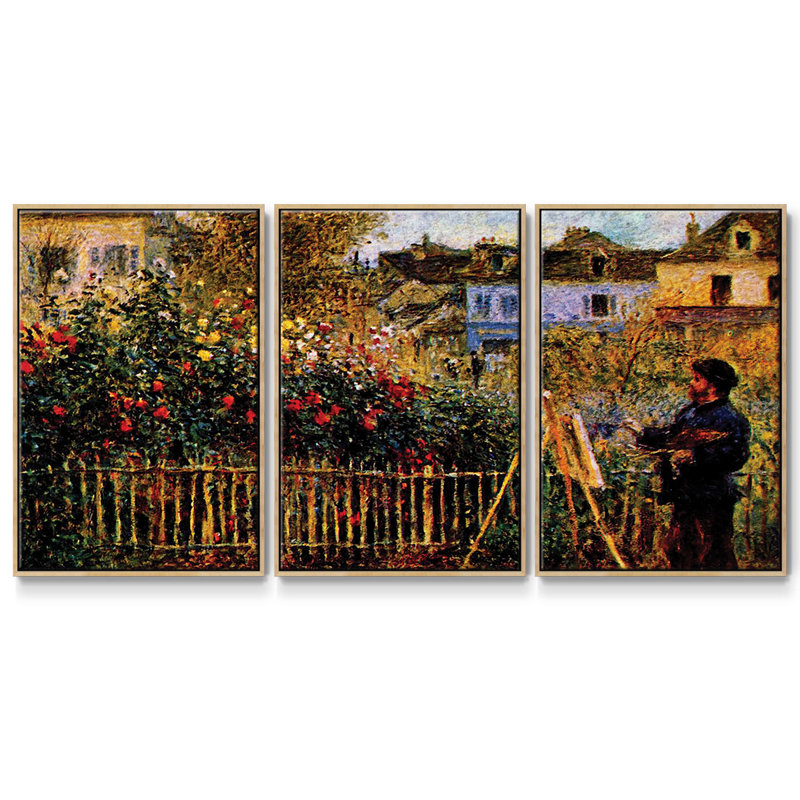 Monet, peinture dans son jardin à Argenteuil, reproduction sur toile 3 pièces, H 36 po x l 75 po x P 2 po, Naturel