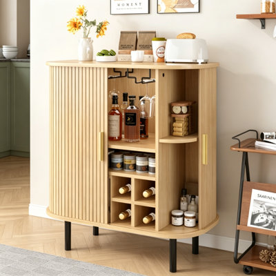 28" Fluted Wine Bar Cabinet with 8-Grid Wine Rack, 5-Level Adjustable Shelves, 2 Glass Holders, Smoothly Sliding Tambour Doors, 4 Hidden Storage Space on the Side,Modern Liquor Coffee Station, Natural