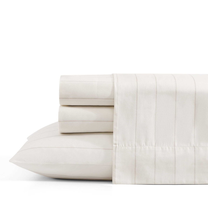 Tommy Bahama La Vida Stripe Cotton Sheet Set, Beige Palm Leaf, Queen Sheet Set with 2 Pillowcases