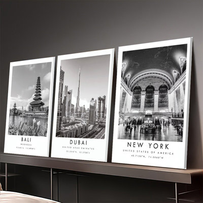 Ensemble de 3 affiches encadrées, Bali, Dubaï, New York. Photographies de voyage en noir et blanc, décor moderne de paysages urbains pour salon, chambre, bureau, Indonésie, Émirats arabes unis, États-Unis. Décoration intérieure.