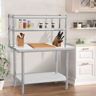 Table de travail commerciale en acier inoxydable avec 2 tablettes supérieures amovibles et tablette inférieure réglable, grande table de préparation en métal robuste pour cuisine, atelier, garage