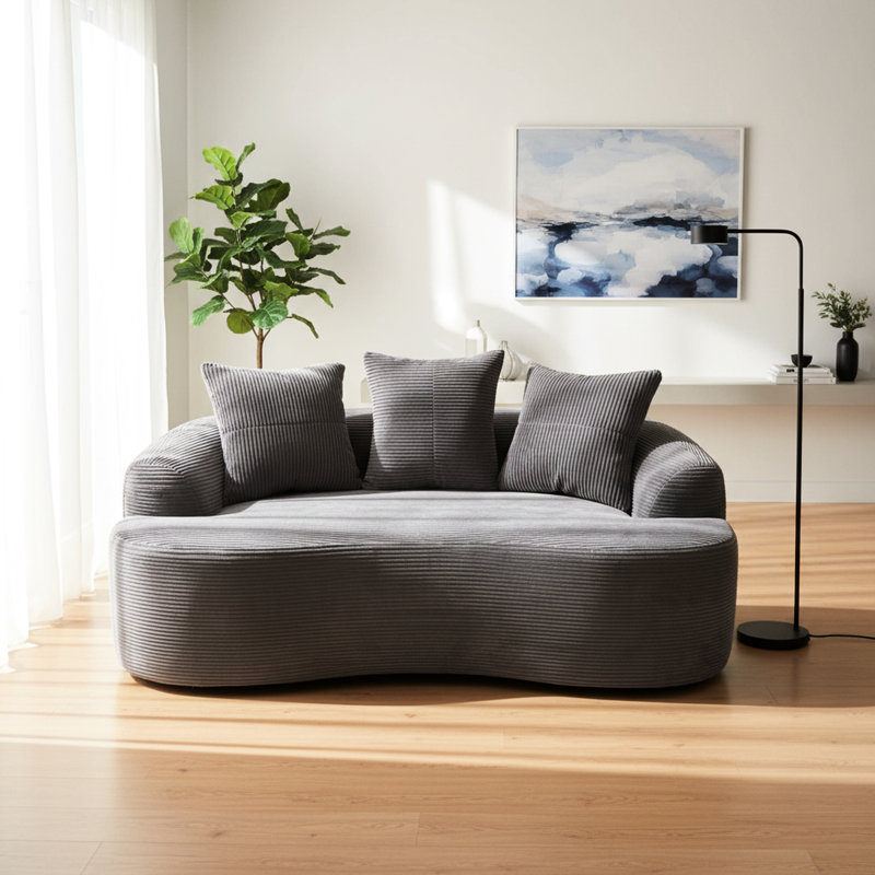 Canapé incurvé de 164 cm avec coussins à ressorts ensachés, velours côtelé gris, 3 coussins décoratifs, compact pour les petites pièces, aucun assemblage requis, velours côtelé, option d'assise compacte, nécessaire