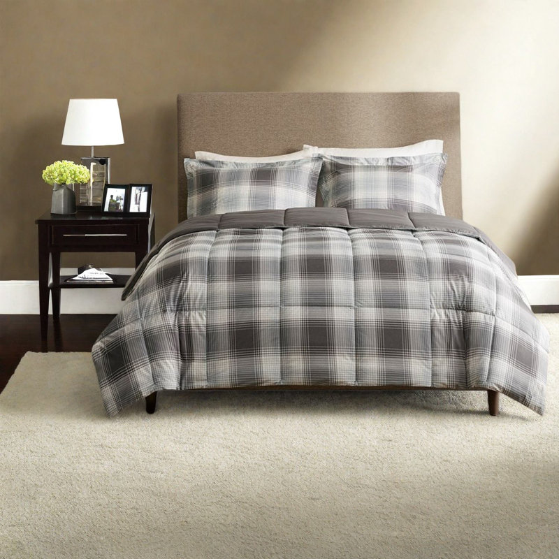 Ensembles de literie doux et confortable, microfibre hypoallergénique, motif écossais gris rustique pour un confort toutes saisons