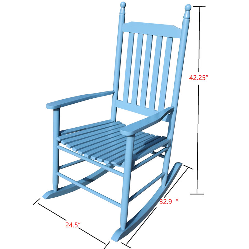 Blue Wooden Porch Chair Rocker - Solid Hardwood Build For Strong Durability Comfortable Wide Seat And Armrest Firm Slatted Back Rest Easy Assembly Included 250Lbs Weight Capacity Suitable Balcony