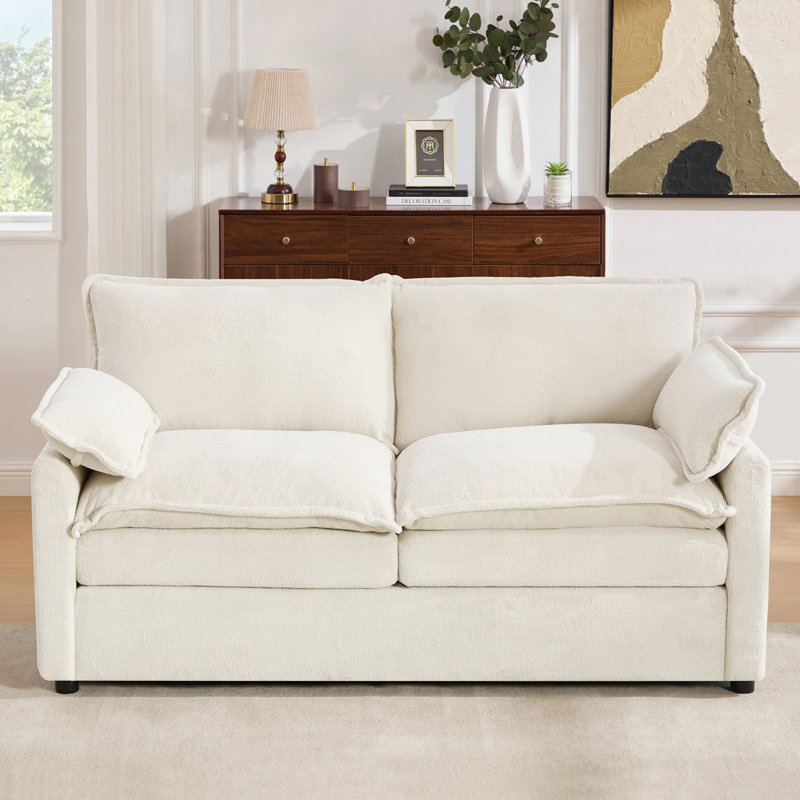 Canapé moderne Oyalowo avec coussin double couche, poches de rangement latérales, fausse fourrure, Beige