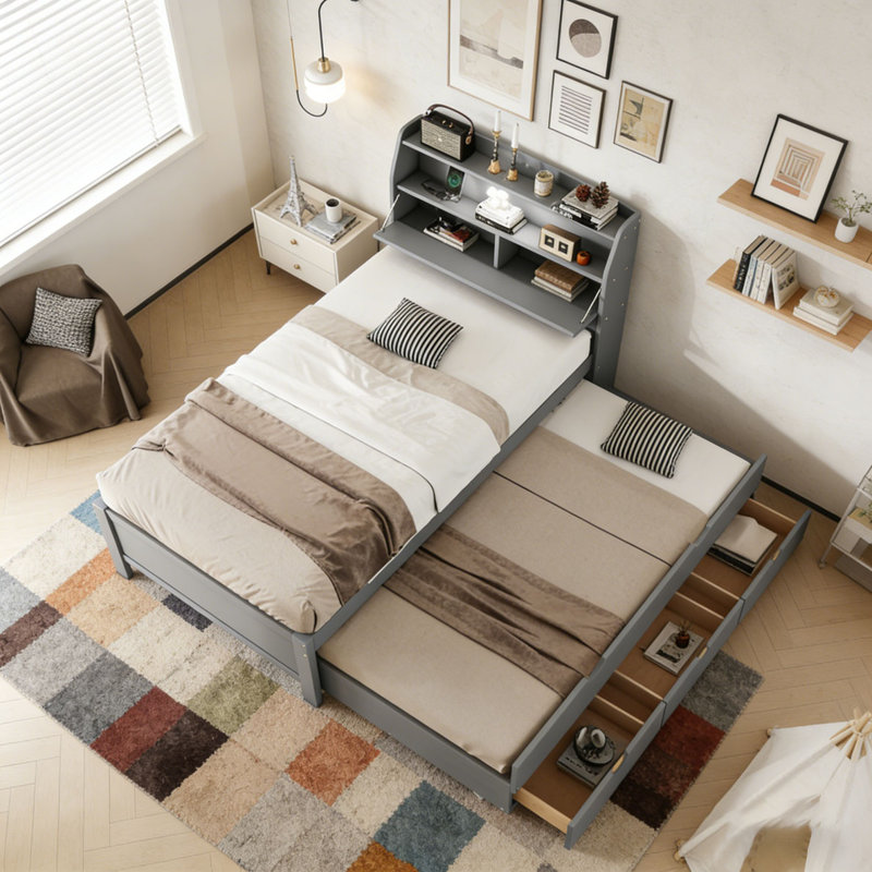 Lit plateforme en bois avec lit gigogne et tête de lit à DEL avec tiroirs, Lit simple, Gris