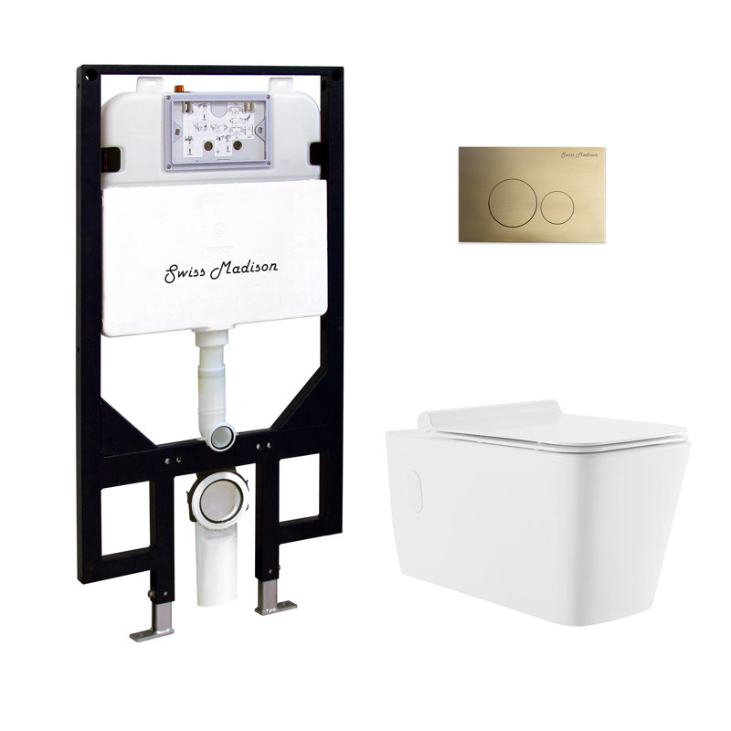 Concorde Wall-Hung Toilet Bundle 0.8/1.6 GPF Dual Flush With Flush Plate, Glossy White/Brass