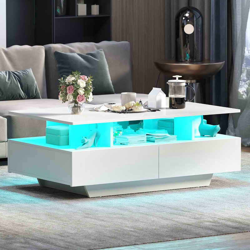 Table basse avec rangement, table rectangulaire blanche moderne ultrabrillante avec 4 tiroirs coulissants et tablette ouverte