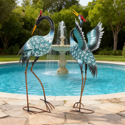 36.8" Handcrafted Metal Blue Heron Garden Statue with Ground Stakes, Gradient Sky Blue(Set of 2)