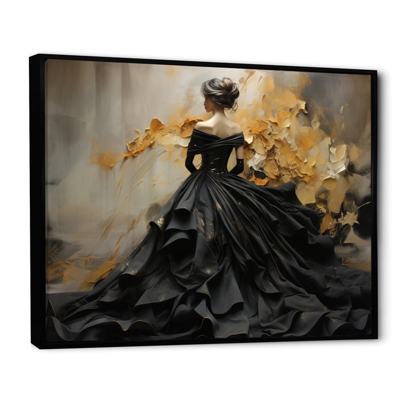 «Fashion Elegance Unveile Gold» - Art mural mode, Noir, H 34 po x l 44 po, Reproduction avec cadre flottant
