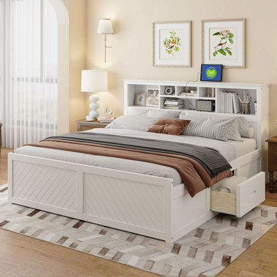 Lit plateforme très grand en bois avec tête de lit multi-rangement, USB et tiroirs