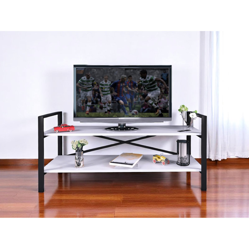 Meuble télé moderne de 47 po avec finition blanche, conception de tablette ouverte pour couleur de rangement pour appareils multimédias, rangement des tablettes arrière