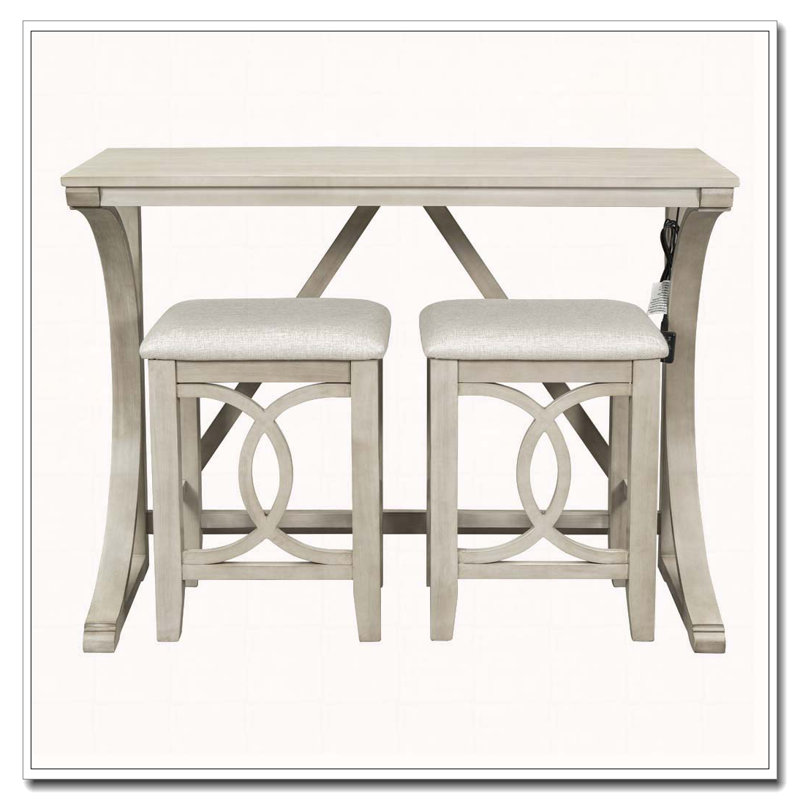 Ensemble de table de salle à manger 3 pièces à hauteur de comptoir avec port USB et tabourets rembourrés, Blanc