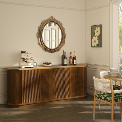 Buffet 63 po en diagonale cannelée avec rangement, meuble télé à 4 portes en noyer avec garniture dorée, console en faux marbre crème, armoire moderne pour la salle à manger et le salon