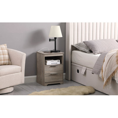 Nightstand with Charging Station,End Table with 2 Drawers,Wooden End Table with Drawer and Opening Shelf,Side Table for Bedroom, Gra