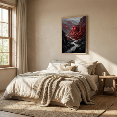 Art sur toile, "Red Canyon Landscape with Winding River and Dark Rocks"