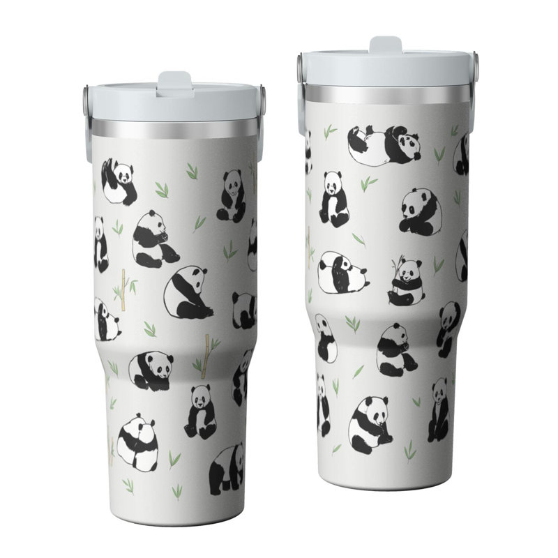 Gobelet 30 oz avec couvercle et poignée Gobelets isothermes en acier inoxydable Bouteille d'eau mignonne avec rabat (motif panda)