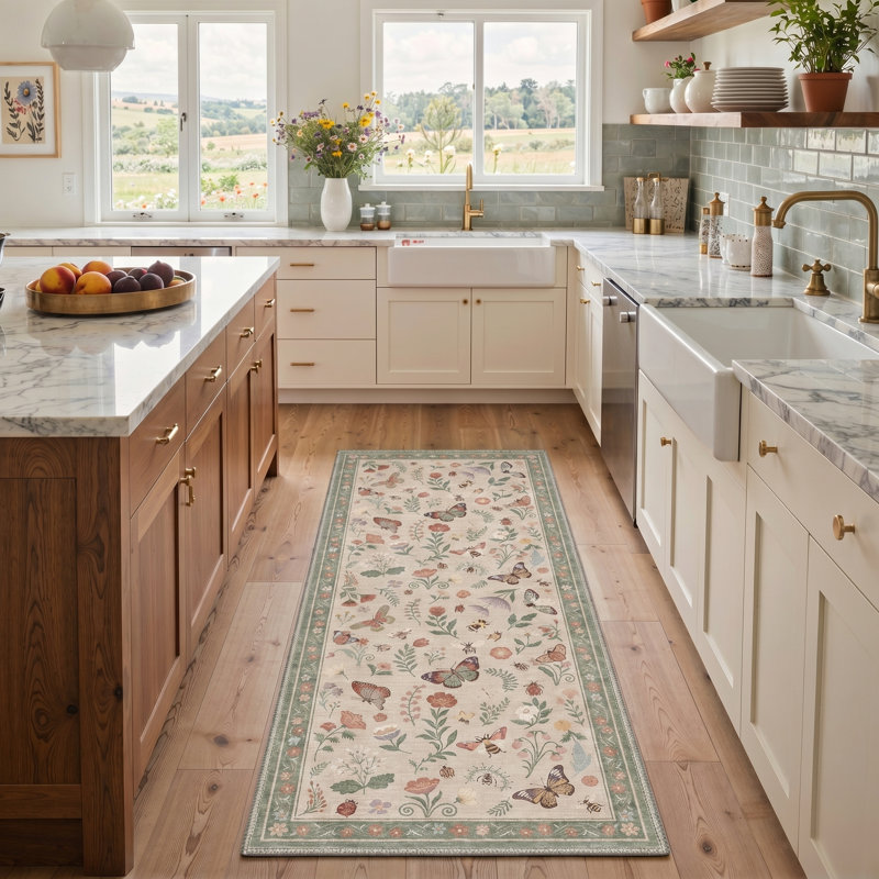 Adonis Elyra Boho Machine Washable Beige / Green Indoor Area Rug with Non-Slip Backing, Runner 2' x 6'