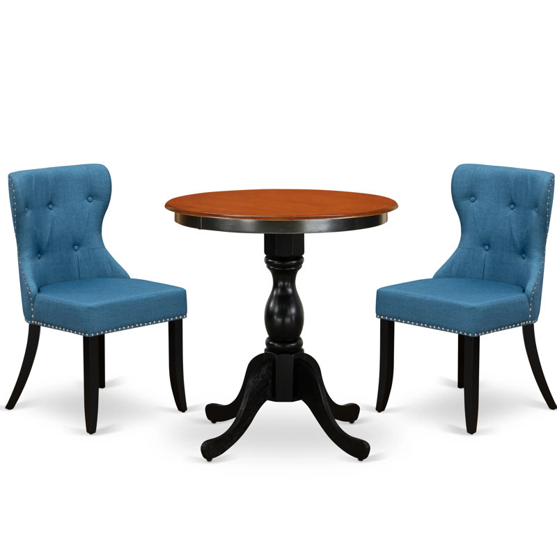 3 Piece Dinette Set for Small Spaces Contains a Round Dining Table with Pedestal and 2 Blue Linen Fabric Upholstered Parson Chairs, Black & Cherry
