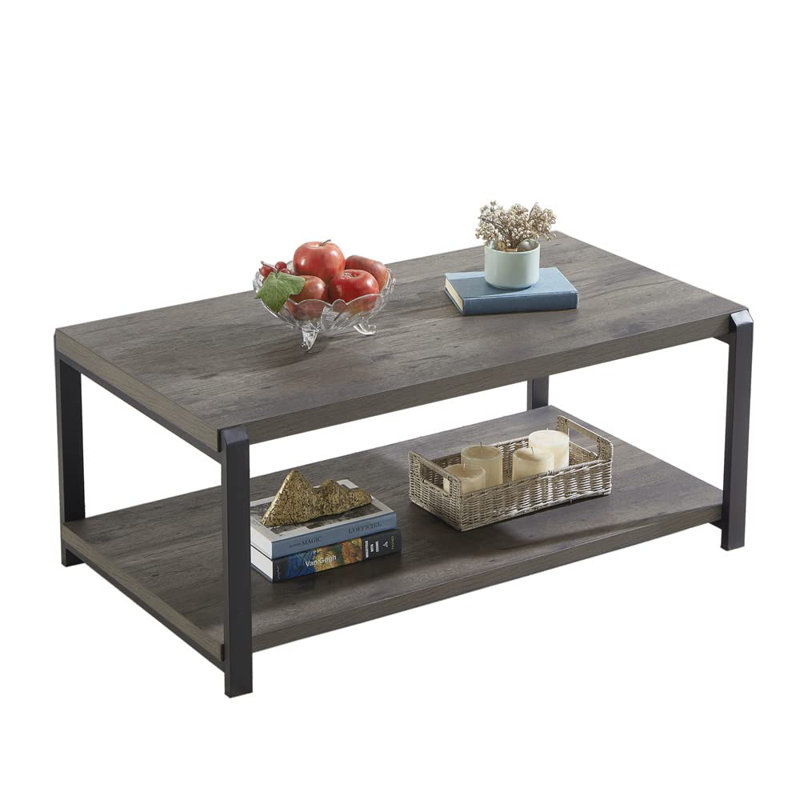 Rustic Grey Wood and Black Metal Coffee Table with Storage Shelves