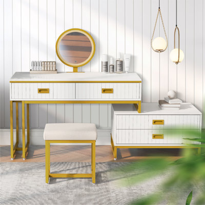 Coiffeuse de style moderne avec armoire latérale mobile et 4 tiroirs, coiffeuse de grande taille avec miroir et lumière DEL 3 couleurs, table de maquillage avec tabouret, blanc, pieds dorés