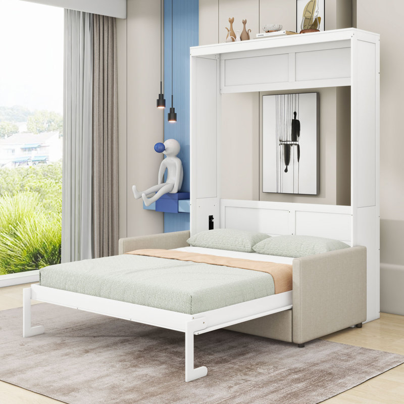 Wooden Murphy Wall Bed with Sofa, Full, White