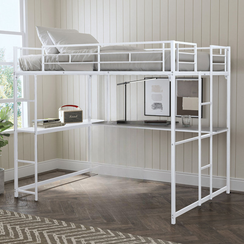 Lit mezzanine double en métal blanc contemporain avec deux échelles et bureau fonctionnel en dessous, conception facile à assembler, zone d'étude simple