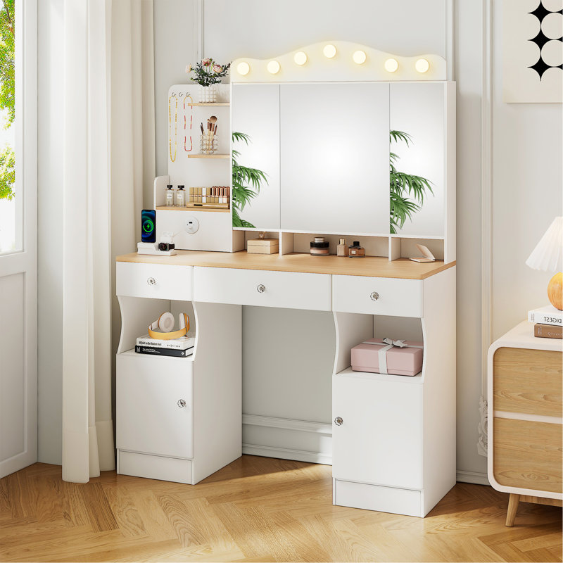 Bureau de meuble-lavabo avec miroir et lumières, meuble-lavabo avec 2 barrettes d'alimentation USB, ensemble de meuble-lavabo avec trois tiroirs et deux armoires, 7 lumières avec 3 couleurs de couleurs, miroir pliable à trois côtés (blanc)