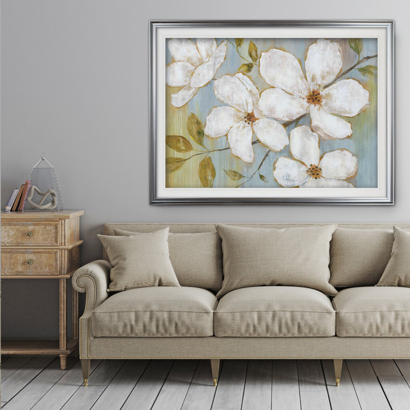 " White Blossoms ", Silver Framed, 30" H x 42" W x 2" D, No Mat